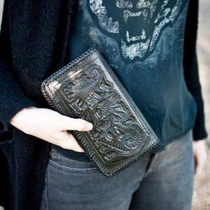 Vintage Wallet 1950's Black Tooled Leather